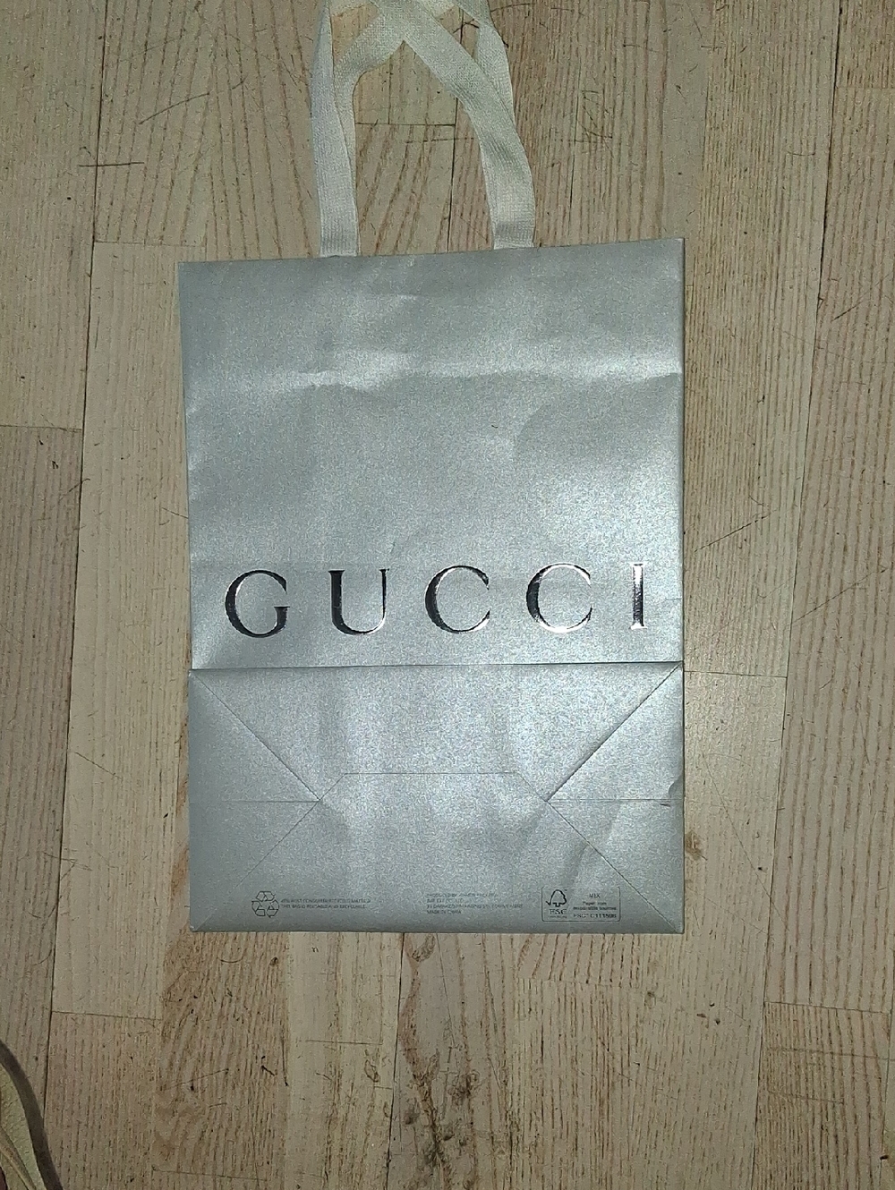 Gucci Metallic Grey Shopping Bag with Silver Logo Plus Tags Envelopes,& Co. Warr